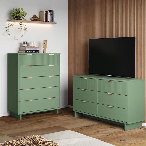 Manhattan Comfort Granville Sage Green 5-Drawer Chest and 6-Drawer Double Dresser, Set of 2 GRAN063 - main
